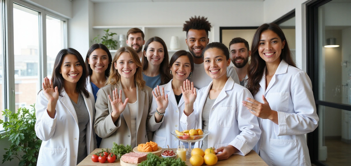 Equipo de nutricionistas sonriendo y saludando en la clínica