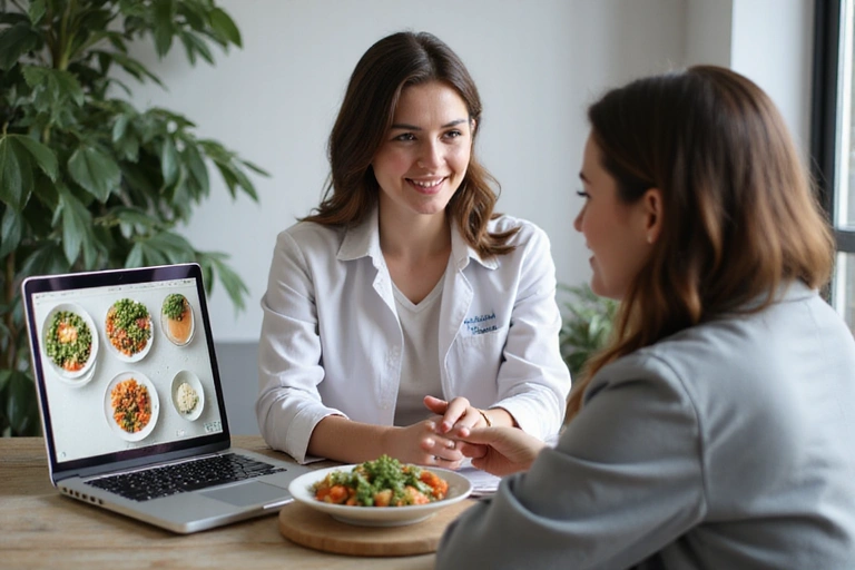 Nutricionista explicando un plan de dieta a un cliente durante una consulta online